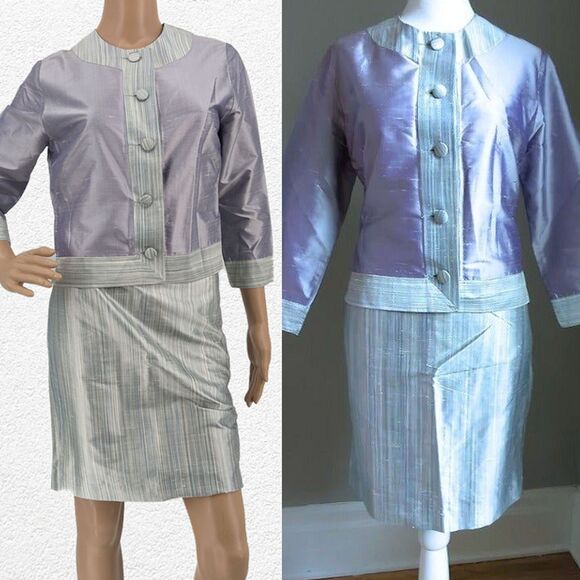 Vintage 1990s Sansappelle Jacket and Skirt Set Purple Silk Striped Size 6-8 - Picture 1 of 15